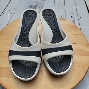 Crocs Sassari Sandals Womens 9 Black White Wedge Heel Slip On Slide Open Toe